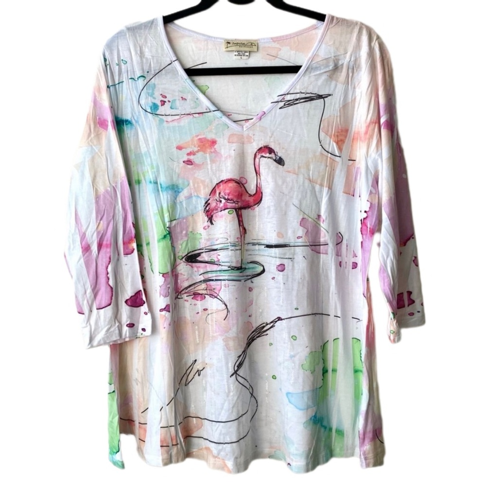 LAST CHANCE SALE!Impulse California Flamingo Watercolor Print Embellished Top